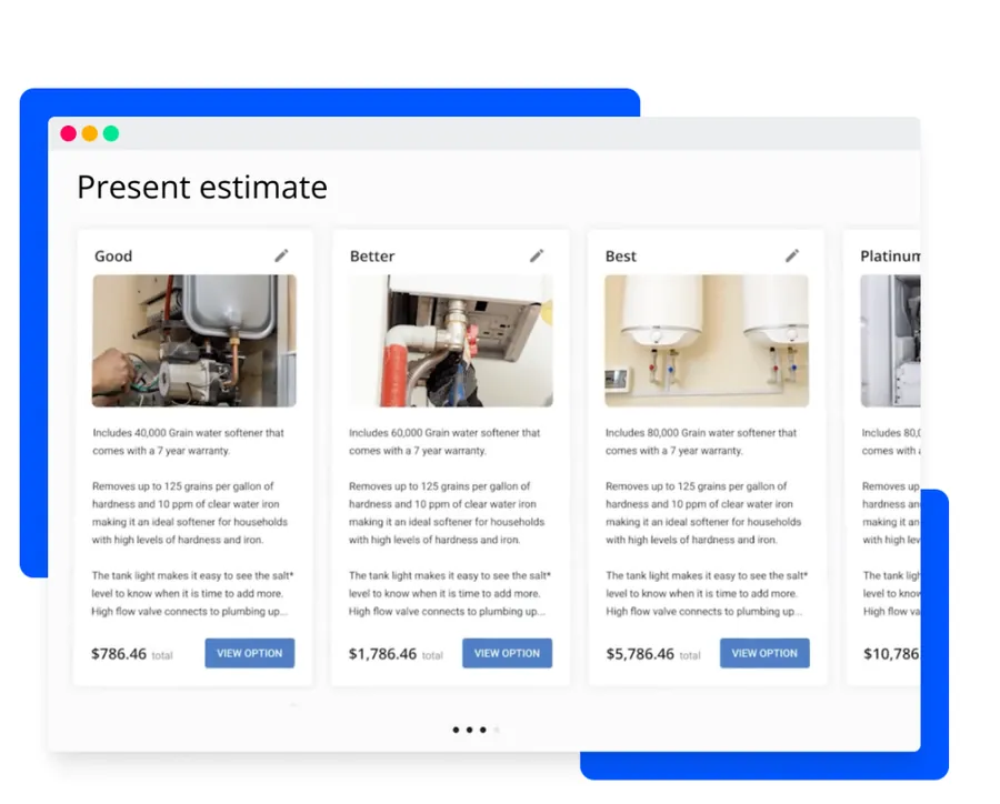 Housecall Pro estimate screen titled “Present estimate” showing Good, Better and Best option cards for water softeners, each with a photo, description, total price and a View option button.