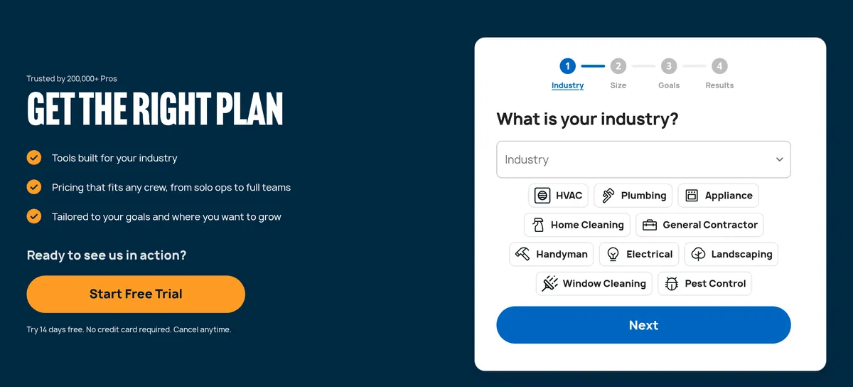 Housecall Pro pricing page header reading “Get the right plan,” with a Start Free Trial button and a four-step quiz asking for your industry, such as HVAC, plumbing, home cleaning or landscaping.
